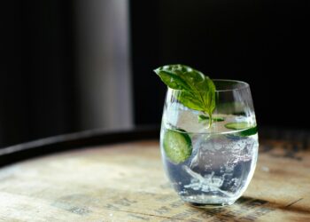 Copo de gin tônica com gelo e rodela de limão sobre balcão de madeira ao entardecer